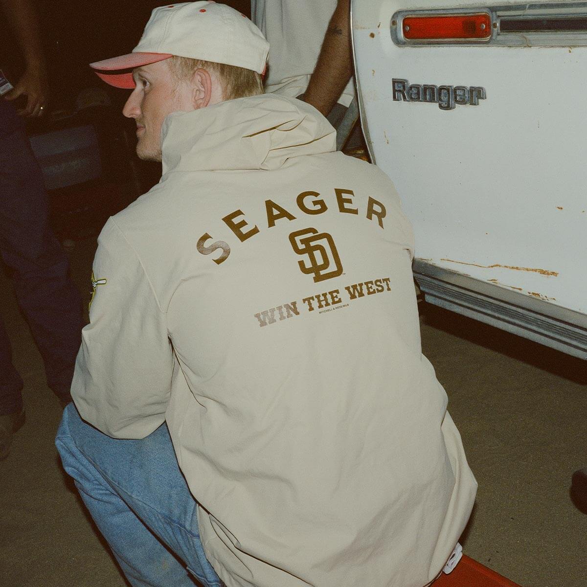 Seager x Padres Win the West Coaches Hoodie Khaki - Image 3